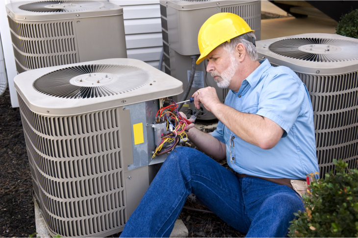 Heating and Air Conditioning HVAC Technicianss at work.  They prepare to begin work by gathering appropriate tools from their HVAC Technicianss tool box.